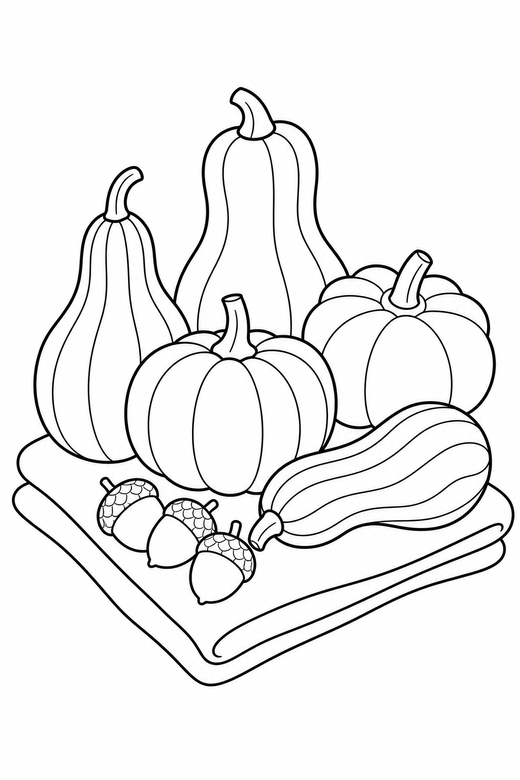 Squash and gourds on a cloth with acorns, color online