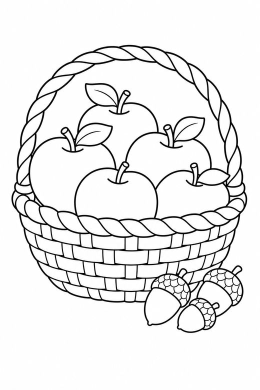Apple basket side view with acorns, color online