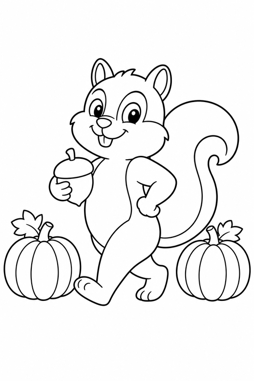 Squirrel strutting with pumpkins, color online