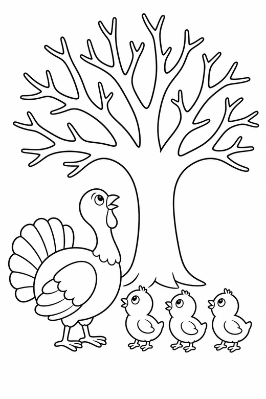 Turkey family looking up under a tree, color online