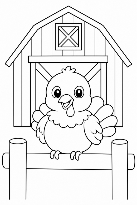 Turkey chick perched by the barn, color online