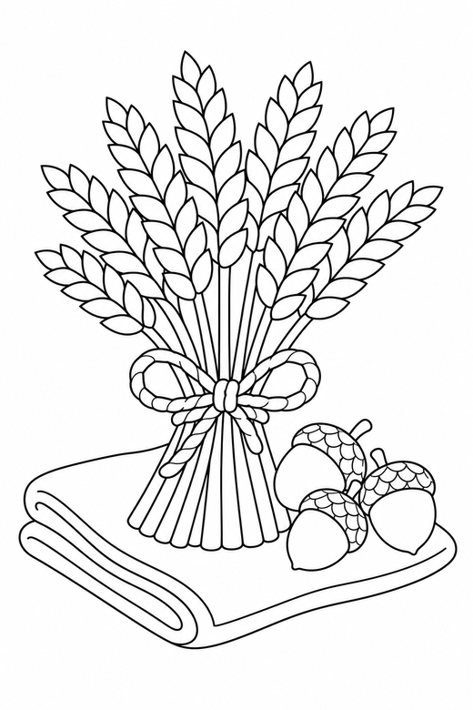 Wheat bundle on a cloth with acorns, color online