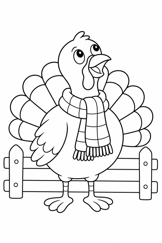Turkey with a scarf looking up by a fence, color online