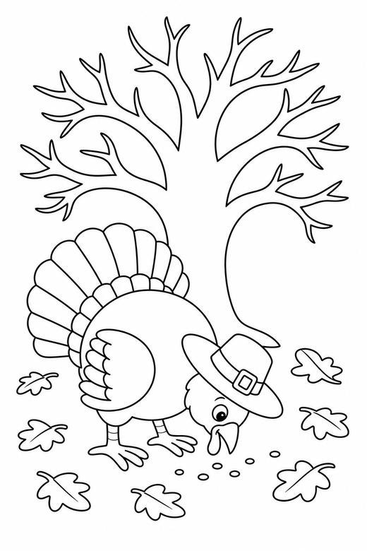 Turkey in a hat pecking under a tree, color online