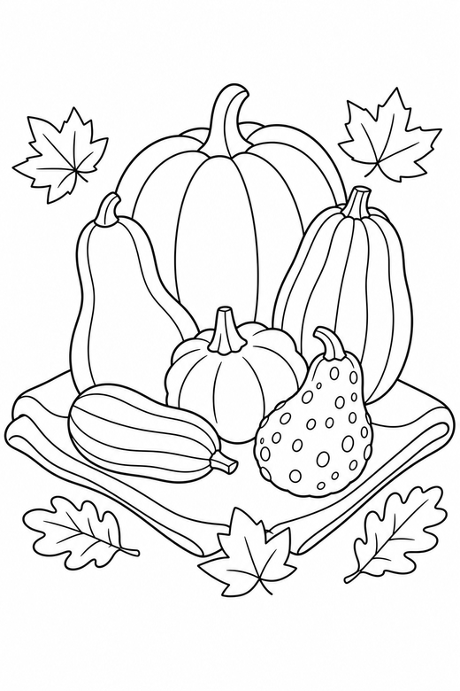 Squash and gourds on a cloth with leaves, color online