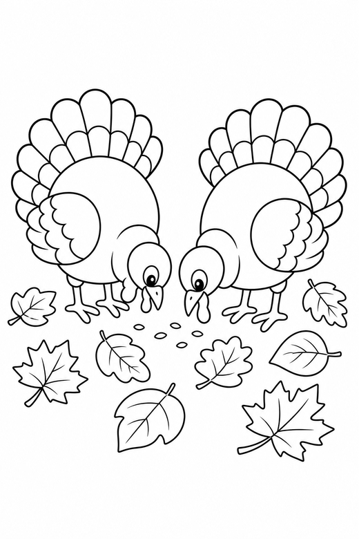 Two turkeys pecking among leaves, color online