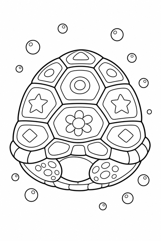 Patterned shell turtle resting with bubbles: A turtle whose shell is divided into patterned plates resting with its head tucked in with bubbles rising around it, free printable coloring page