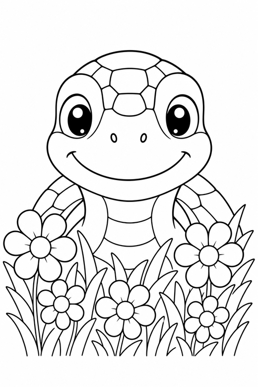 Turtle face with flowers: A close-up turtle head with a friendly eye among low flowers and grass, looking straight at you, free printable coloring page