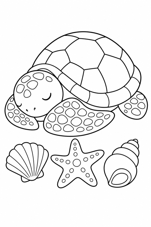Sea turtle resting near a starfish: A sea turtle with patterned flippers resting with its head tucked in beside a starfish and two shells, free printable coloring page