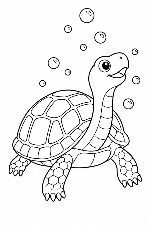 Box turtle stretching with bubbles: A box turtle with a high rounded shell stretching its neck out with bubbles rising around it, free printable coloring page