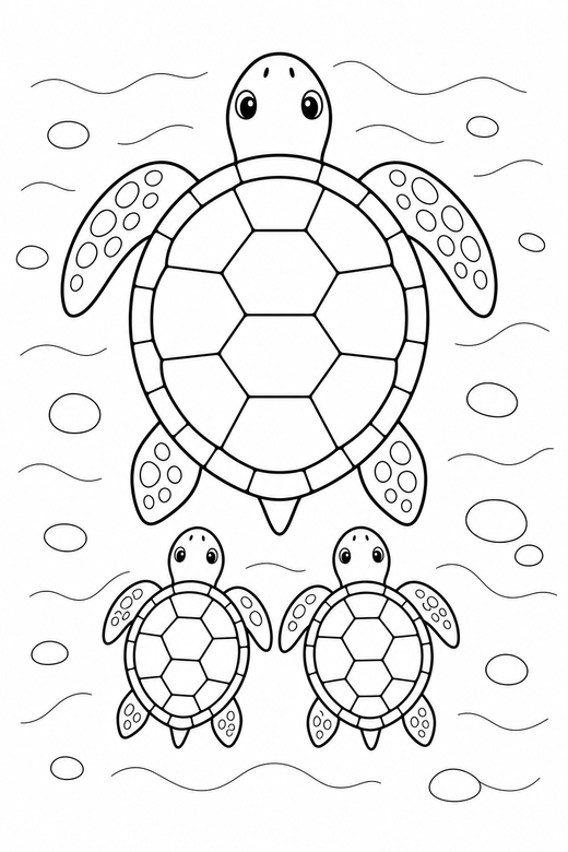 Turtle family seen from above on the sand: A large turtle with two small ones following seen from directly above on rippled sand, free printable coloring page