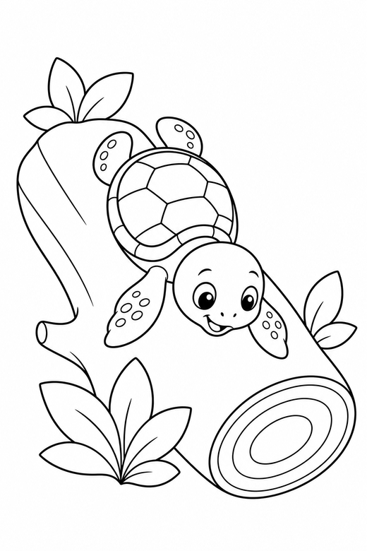 Baby turtle diving on a log: A tiny baby turtle diving downward on a fallen log, free printable coloring page