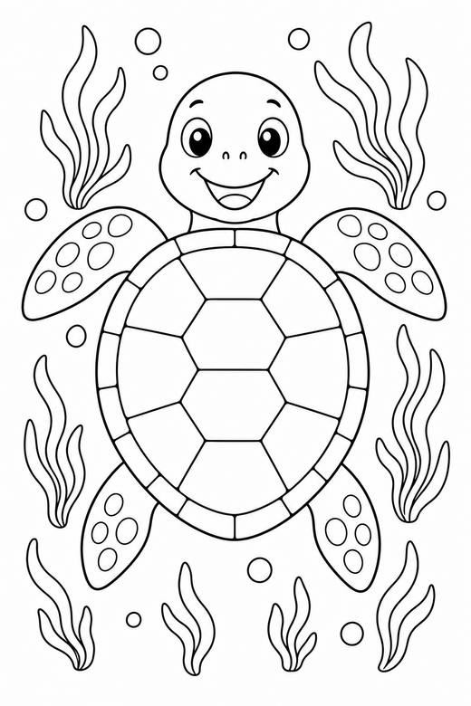 Smiling turtle seen from above among seaweed: A friendly cartoon turtle with a big smile seen from directly above among strands of seaweed, free printable coloring page