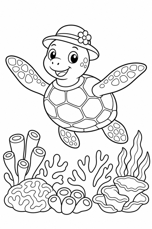 Turtle with a hat swimming over a reef: A turtle wearing a small sun hat swimming with its flippers spread above a coral reef, free printable coloring page
