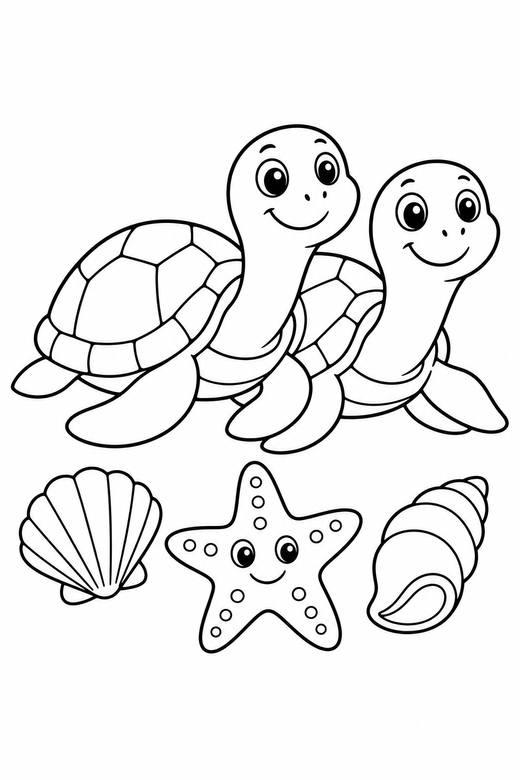 Two turtles stretching near a starfish: Two turtles together stretching their neck out beside a starfish and two shells, free printable coloring page
