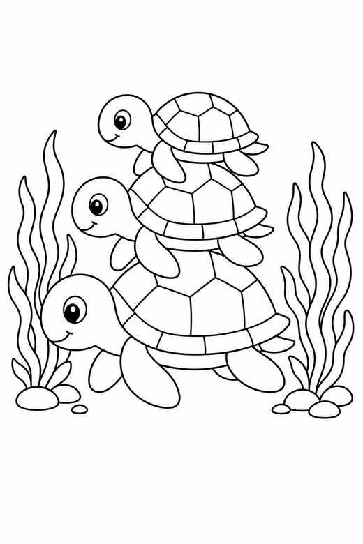 Stacked turtles among seaweed: Three turtles stacked one on another shown in side profile among strands of seaweed, free printable coloring page
