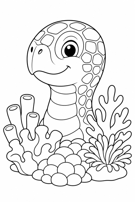 Turtle face sunning over a reef: A close-up turtle head with a friendly eye sitting still with its head raised above a coral reef, free printable coloring page
