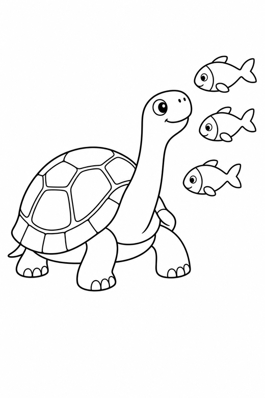 Tortoise stretching with fish: A land tortoise with a domed shell stretching its neck out with small fish swimming past, free printable coloring page