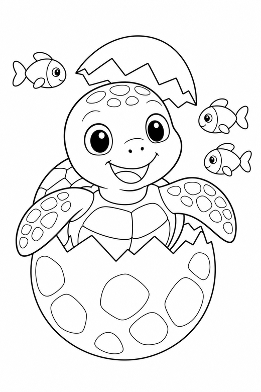 Hatchling turtle with fish: A turtle hatching from a cracked egg drawn large and close up with small fish swimming past, free printable coloring page