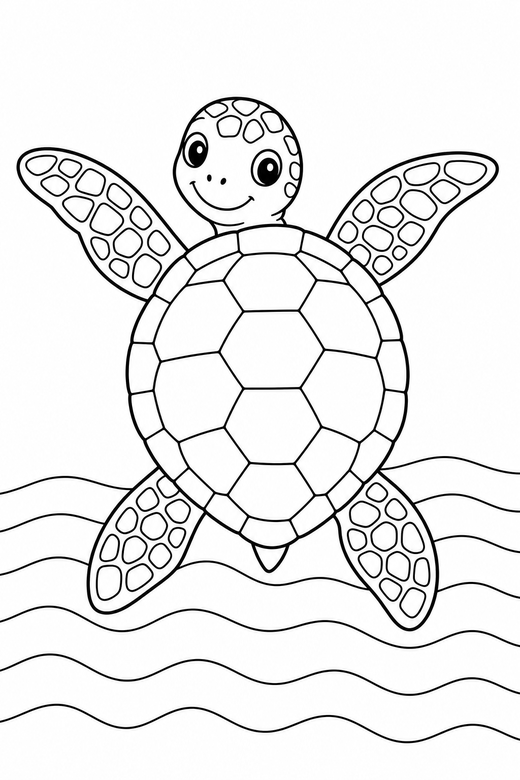 Sea turtle swimming on the sand: A sea turtle with patterned flippers swimming with its flippers spread on rippled sand, free printable coloring page