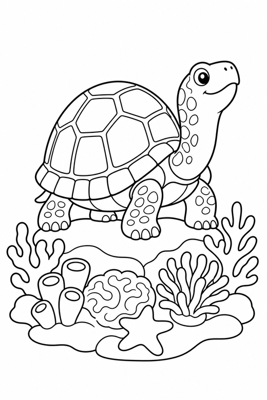 Box turtle sunning over a reef: A box turtle with a high rounded shell sitting still with its head raised above a coral reef, free printable coloring page
