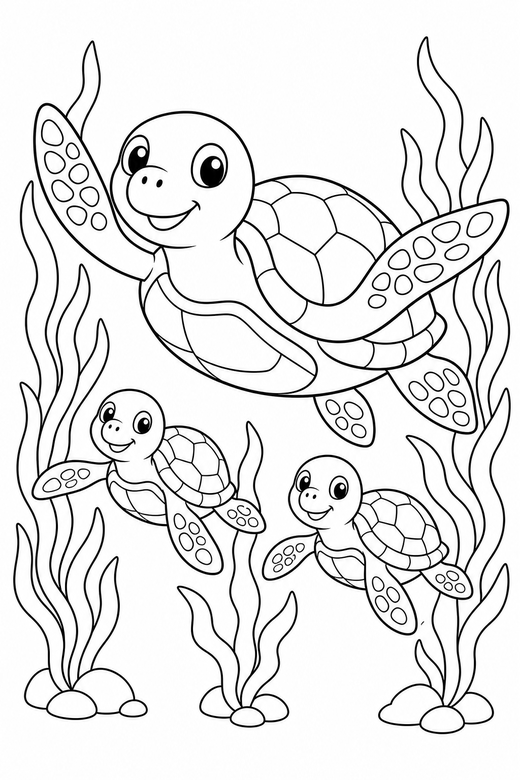 Turtle family swimming among seaweed: A large turtle with two small ones following swimming with its flippers spread among strands of seaweed, free printable coloring page