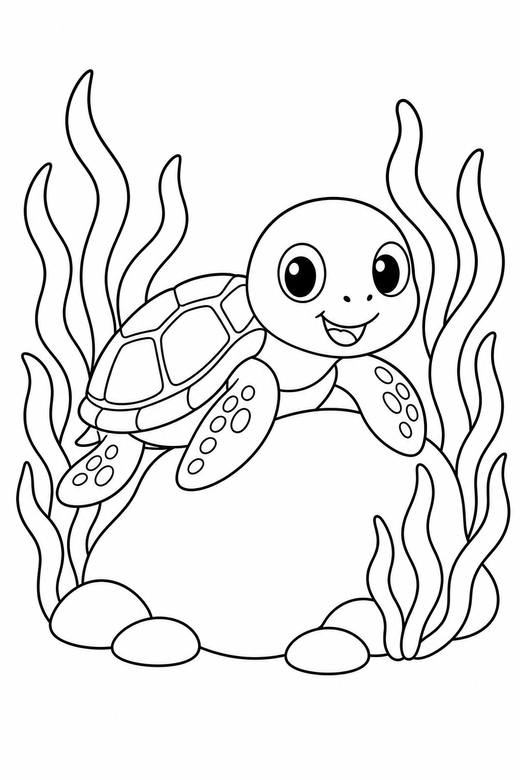 Baby turtle climbing among seaweed: A tiny baby turtle climbing over a low rock among strands of seaweed, free printable coloring page