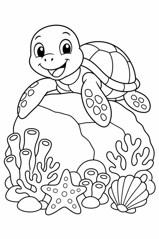 Smiling turtle climbing over a reef: A friendly cartoon turtle with a big smile climbing over a low rock above a coral reef, free printable coloring page