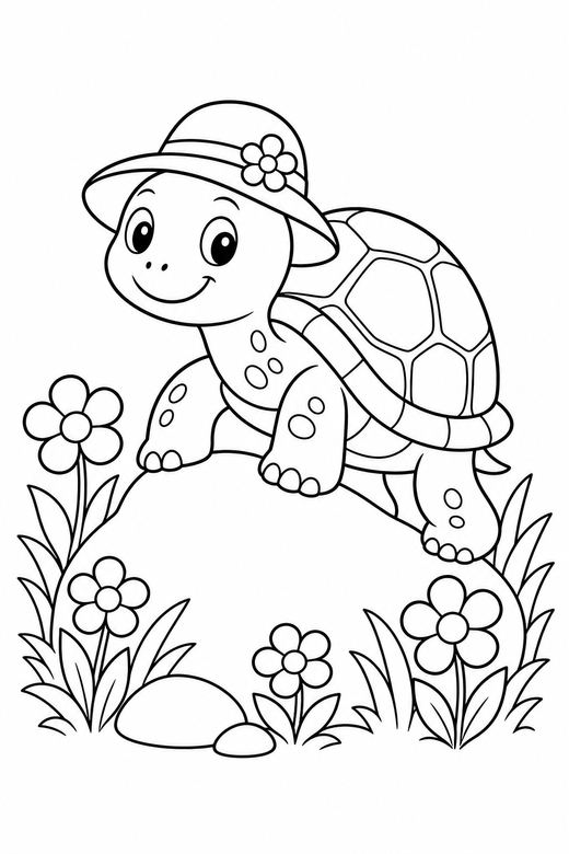 Turtle with a hat climbing with flowers: A turtle wearing a small sun hat climbing over a low rock among low flowers and grass, free printable coloring page