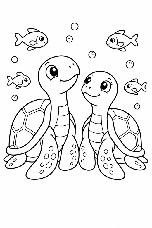 Two turtles sunning with fish: Two turtles together sitting still with their head raised with small fish swimming past, free printable coloring page