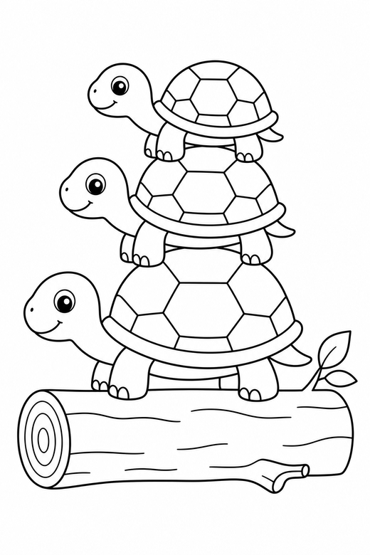 Stacked turtles on a log: Three turtles stacked one on another shown in side profile on a fallen log, free printable coloring page
