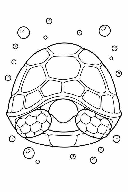 Tortoise resting with bubbles: A land tortoise with a domed shell resting with its head tucked in with bubbles rising around it, free printable coloring page