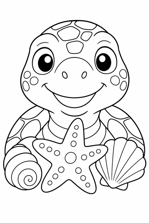 Turtle face near a starfish: A close-up turtle head with a friendly eye beside a starfish and two shells, looking straight at you, free printable coloring page
