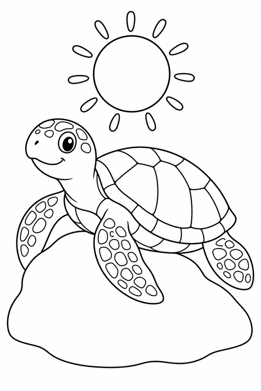 Sea turtle climbing under the sun: A sea turtle with patterned flippers climbing over a low rock under a bright round sun, free printable coloring page