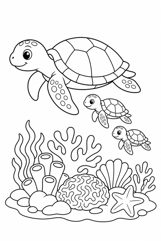 Turtle family side view over a reef: A large turtle with two small ones following shown in side profile above a coral reef, free printable coloring page