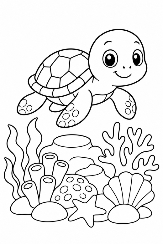 Baby turtle walking over a reef: A tiny baby turtle walking slowly forward above a coral reef, free printable coloring page