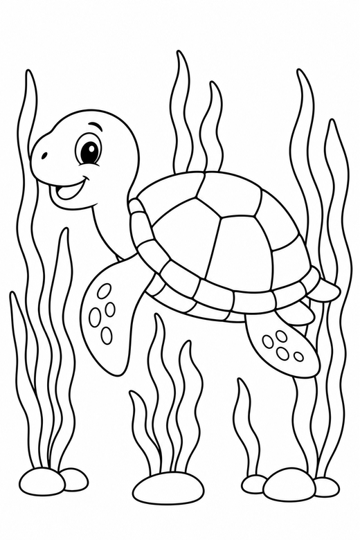 Smiling turtle side view among seaweed: A friendly cartoon turtle with a big smile shown in side profile among strands of seaweed, free printable coloring page