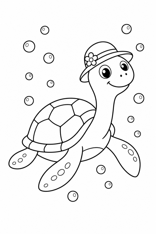 Turtle with a hat stretching with bubbles: A turtle wearing a small sun hat stretching its neck out with bubbles rising around it, free printable coloring page
