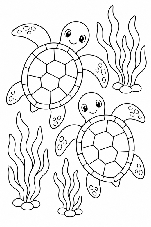 Two turtles seen from above among seaweed: Two turtles together seen from directly above among strands of seaweed, free printable coloring page