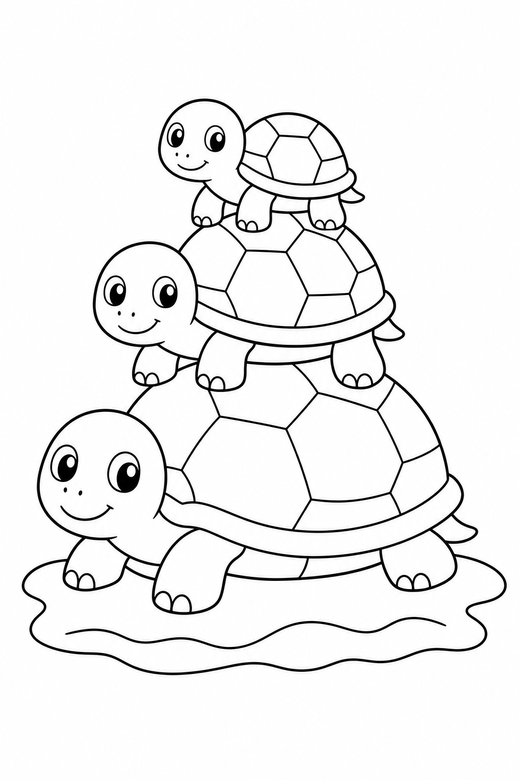 Stacked turtles on the sand: Three turtles stacked one on another resting still on rippled sand, free printable coloring page