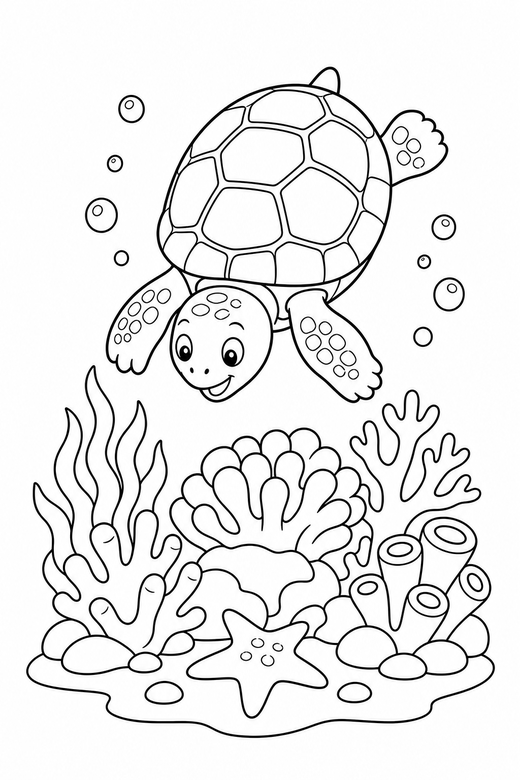 Tortoise diving over a reef: A land tortoise with a domed shell diving downward above a coral reef, free printable coloring page