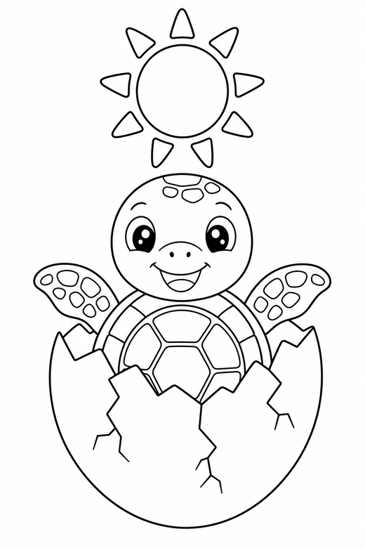 Hatchling turtle under the sun: A turtle hatching from a cracked egg seen from directly above under a bright round sun, free printable coloring page