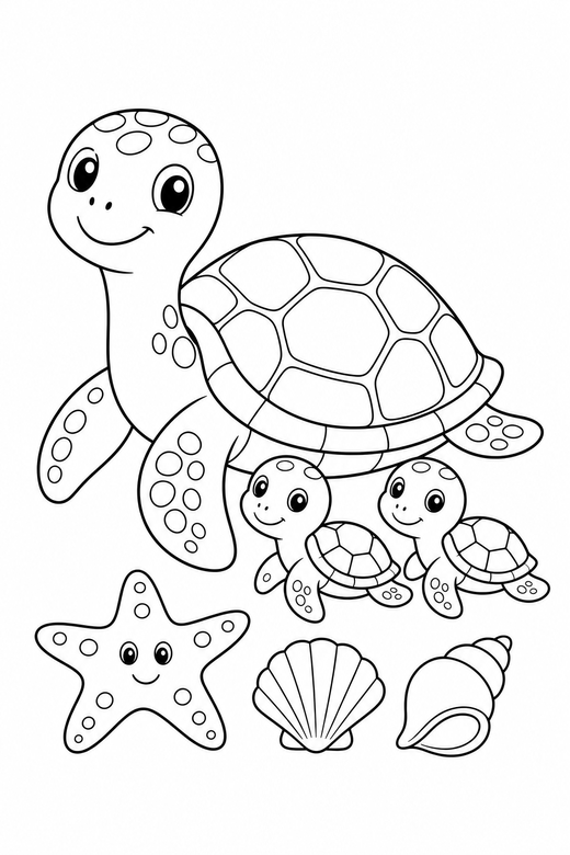 Turtle family sunning near a starfish: A large turtle with two small ones following sitting still with its head raised beside a starfish and two shells, free printable coloring page