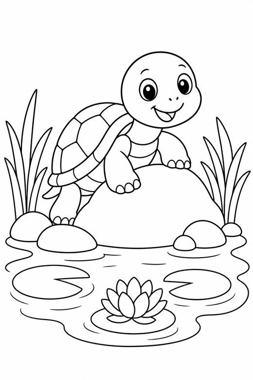 Baby turtle climbing by a pond: A tiny baby turtle climbing over a low rock at the edge of a quiet pond, free printable coloring page