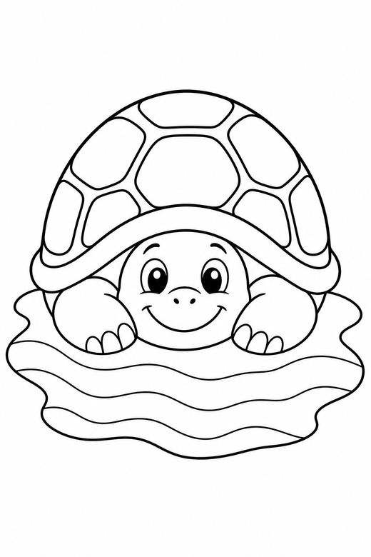 Smiling turtle resting on the sand: A friendly cartoon turtle with a big smile resting with its head tucked in on rippled sand, free printable coloring page