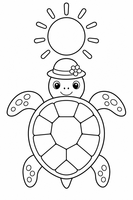 Turtle with a hat seen from above: A turtle wearing a small sun hat seen from directly above under a bright round sun, free printable coloring page