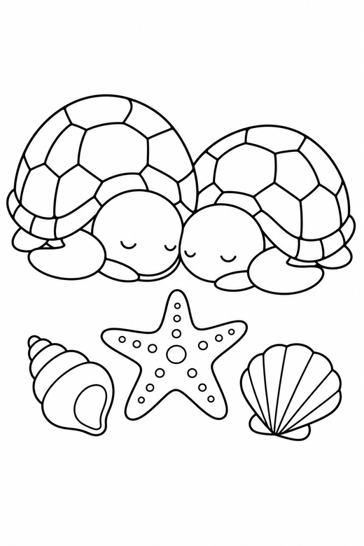 Two turtles resting near a starfish: Two turtles together resting with their head tucked in beside a starfish and two shells, free printable coloring page