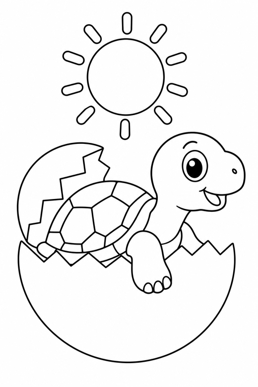 Hatchling turtle side view under the sun: A turtle hatching from a cracked egg shown in side profile under a bright round sun, free printable coloring page