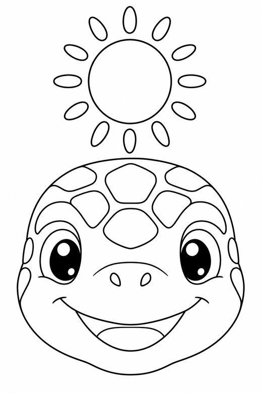 Turtle face under the sun: A close-up turtle head with a friendly eye under a bright round sun, drawn large with generous white space around, free printable coloring page