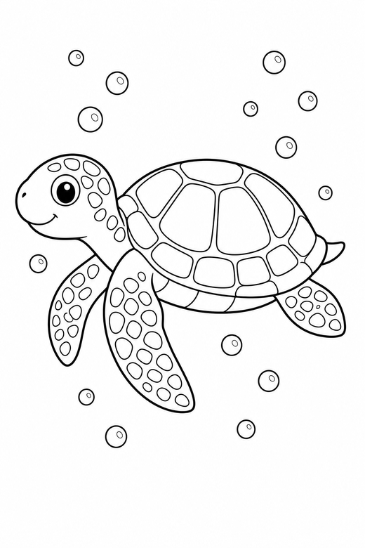 Sea turtle side view with bubbles: A sea turtle with patterned flippers shown in side profile with bubbles rising around it, free printable coloring page
